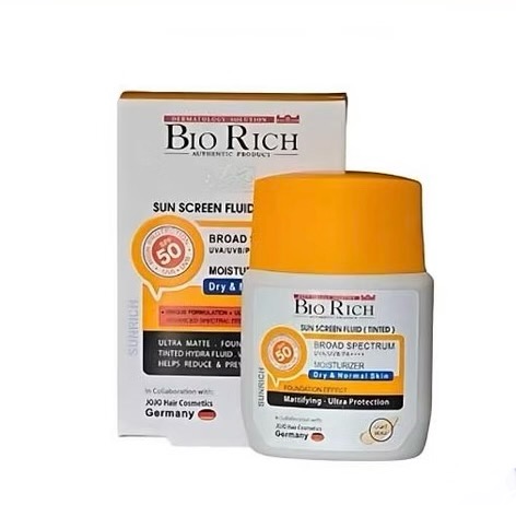 بایوریچ فلوئید ضد آفتاب رنگی بژ طبیعی پوست خشک و نرمال Biorich sun screen fluid tinted natural beige dry to normal skin