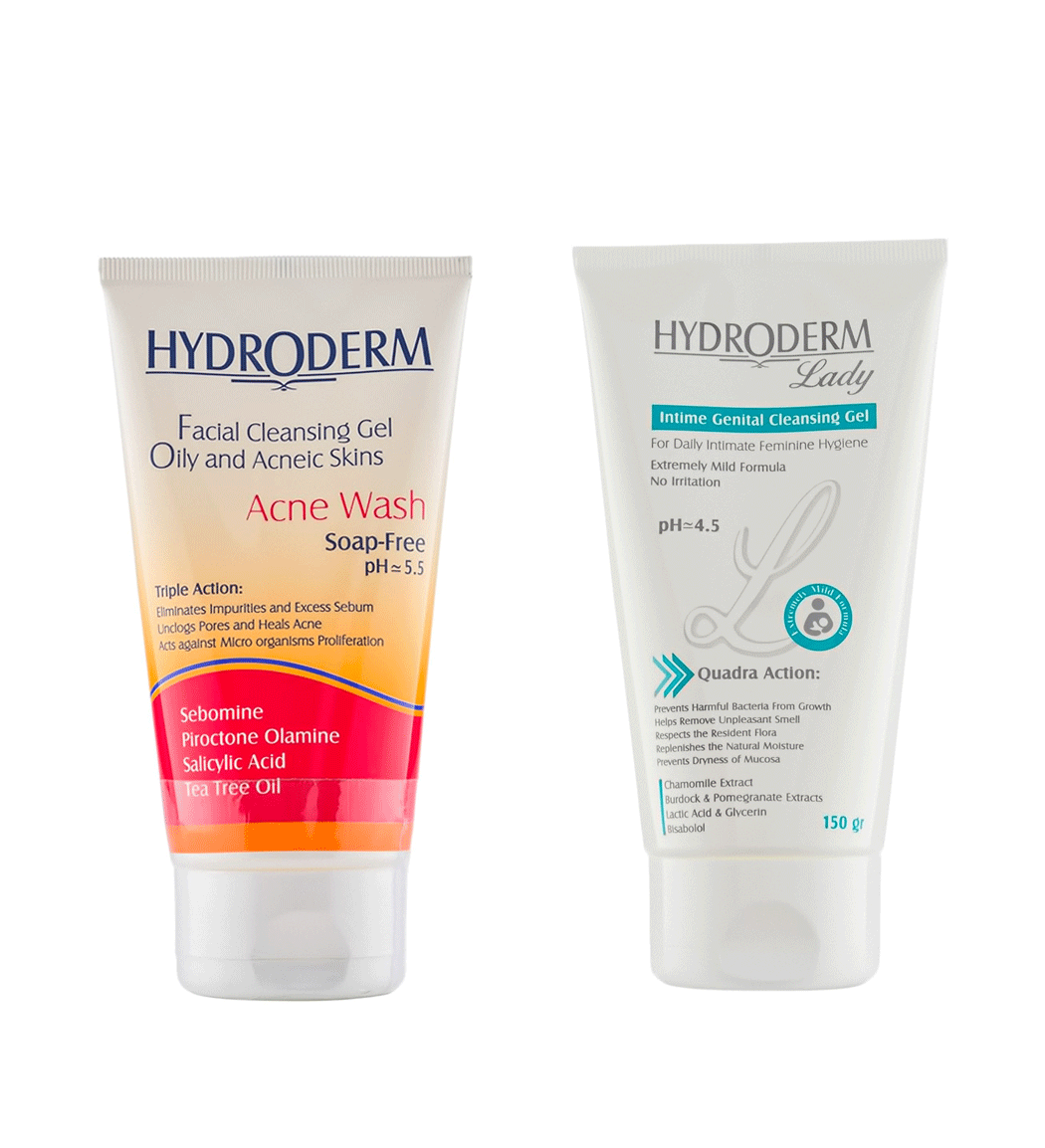 پک ژل بهداشتی بانوان 150 گرم و ژل شستشو صورت پوست چرب و آکنه ای Hydroderm Skin Care