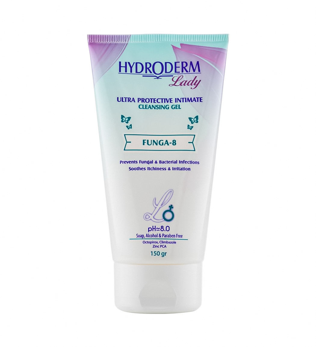 ژل بهداشتی بانوان لیدی فانگا8 مخصوص مخاط ملتهب و تحریک شده ناحیه واژینال 150 میل Hydroderm Lady Funga 8 Ultra Protective Intimate Cleansing Gel 150ml