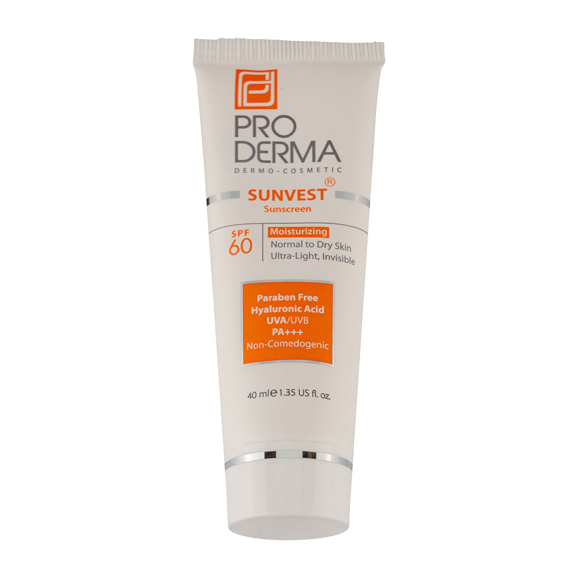 کرم ضد آفتاب بی رنگ با SPF 60 مناسب پوست معمولی و خشک حجم 40 میلی لیتر Proderma Sunvest SPF 60 Normal To Dry Skin Invisible Sun Screen 40 ml