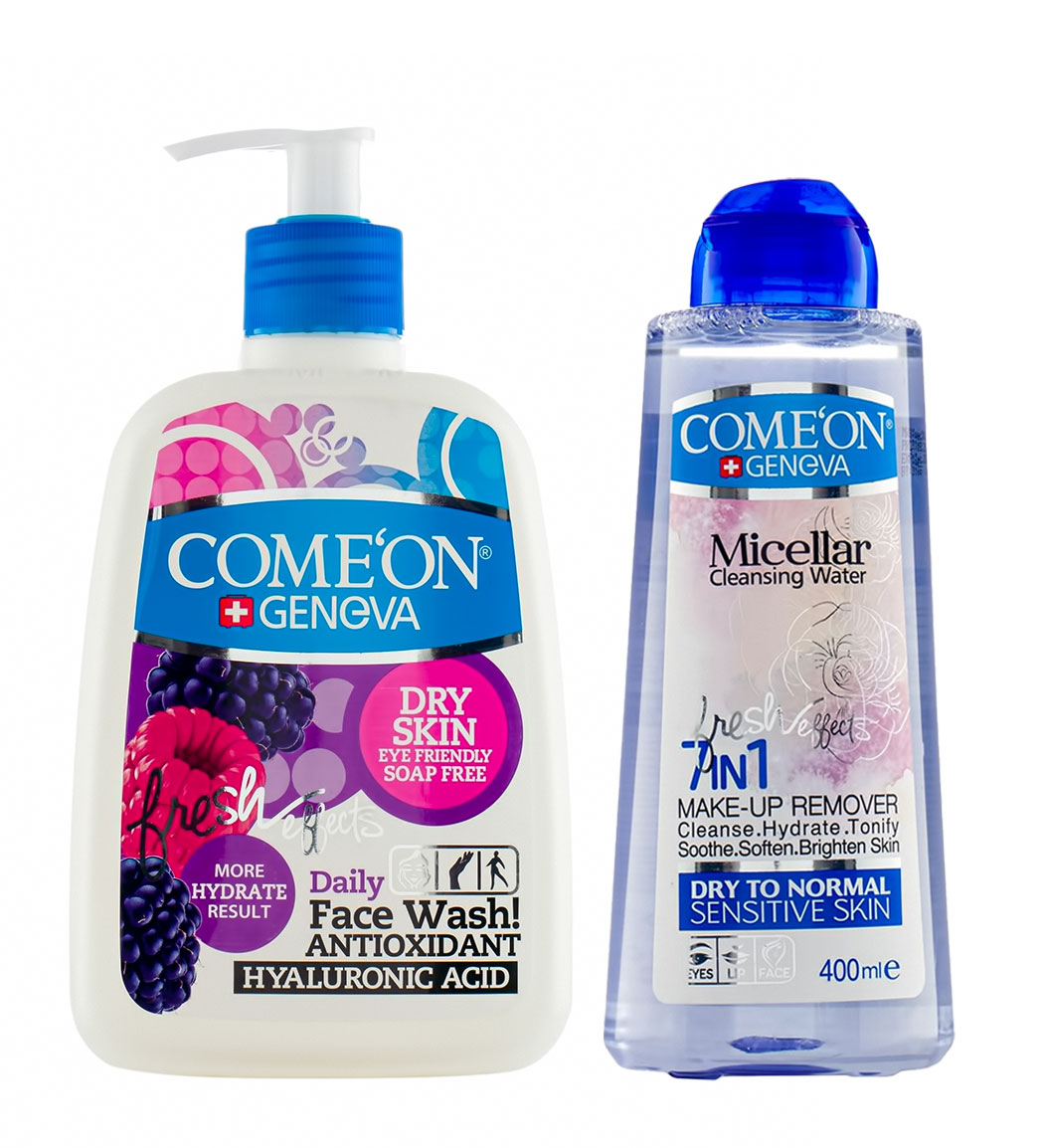 پک ژل شستشوی صورت پوست خشک 500میل و محلول میسلار واتر پوست نرمال و حساس 400میل Comeon Face Wash Gel For Dry Skins 500ml And Micellar Water For Dry Skins 400ml