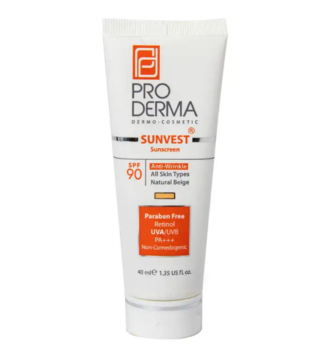 کرم ضد آفتاب و ضد چروک رنگی با اس پی اف 90 حجم 40 میل Proderma Sunscreen Spf90 Anti Wrinkle Natural 40ml