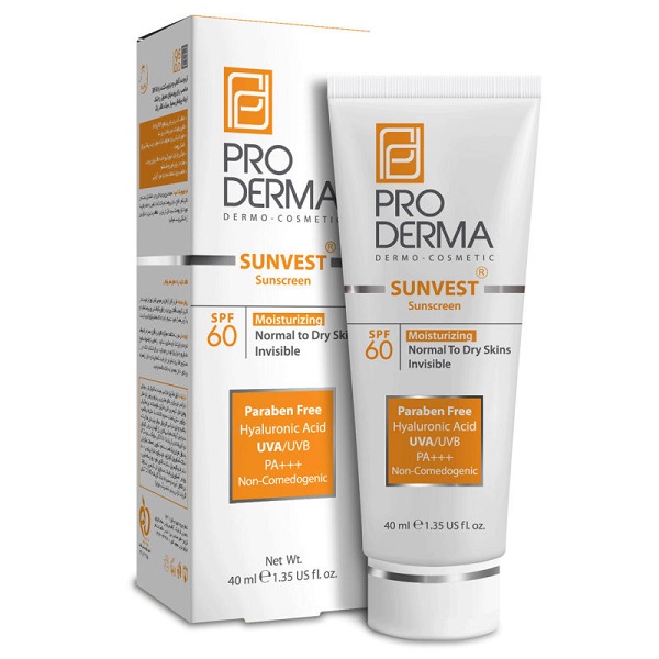 کرم ضد آفتاب و مرطوب کننده پرودرما با SPF 60 بی رنگ حجم 40 میل Proderma Sunscreen Spf60 Moisturizing Skin Invisible 40ml