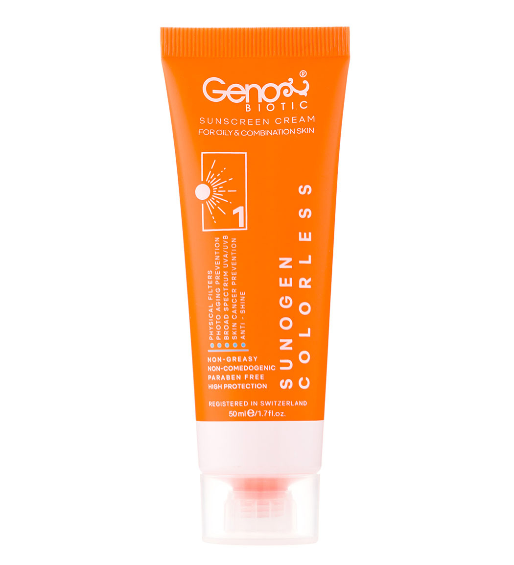 کرم ضد آفتاب بی رنگ سانوژن مناسب پوست چرب و مختلط 50میل Genobiotic Colorless SunoGen Sunscreen Cream for oily  Skin SPF50 50g