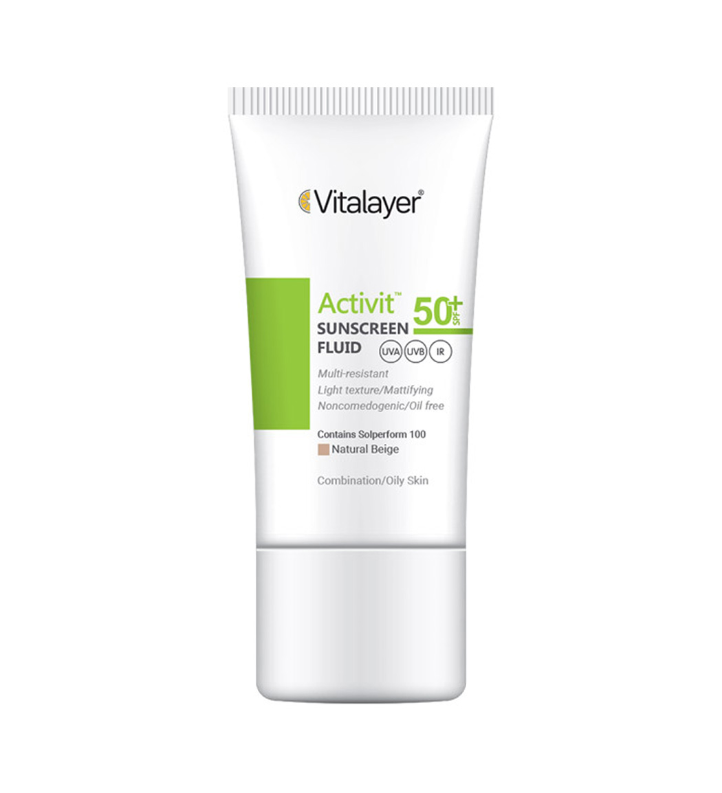 فلوئید ضد آفتاب رنگی نچرال بژ اکتیویت مناسب پوست چرب و مستعد جوش حجم 50 میل Vitalayer Activit Sunscreen Fluid Colored 50 ml